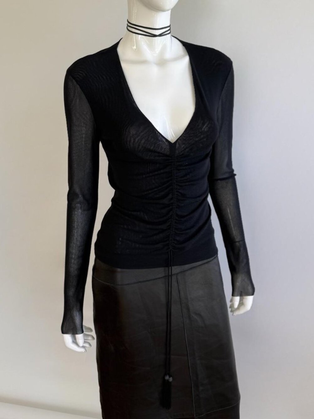 Vivienne Tam Archival Sheer Black Mesh Gathered Front Tassels Top
